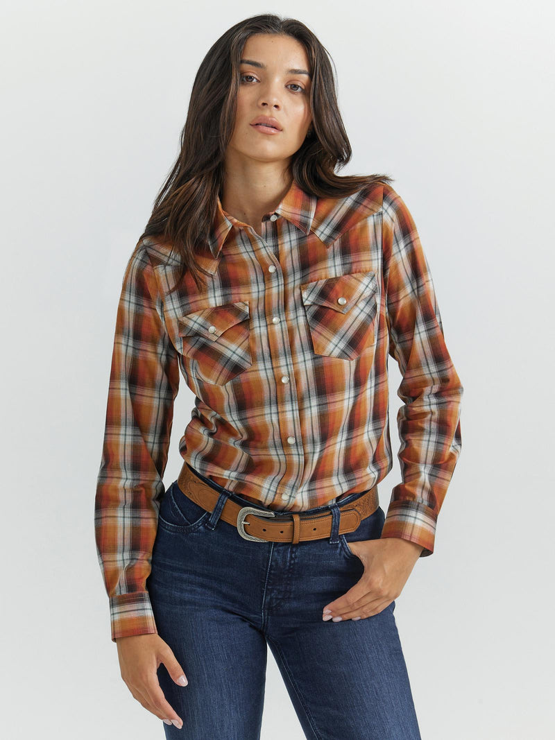 Women's Wrangler 112353103 Essential Western Orange Plaid Long Sleeve Shirt