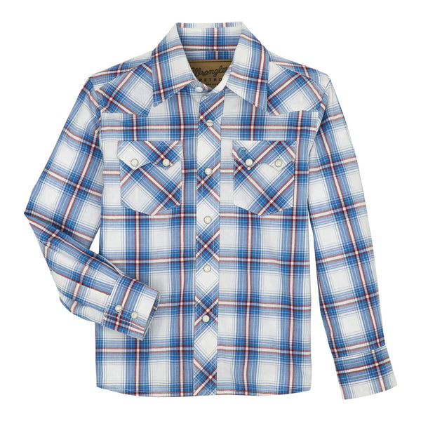 Boy's Wrangler 112359588 Retro Blue Plaid Western Snap Long Sleeve Shirt