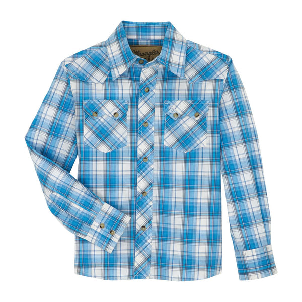 Boy's Wrangler 112359600 Retro Blue Plaid Western Snap Long Sleeve Shirt