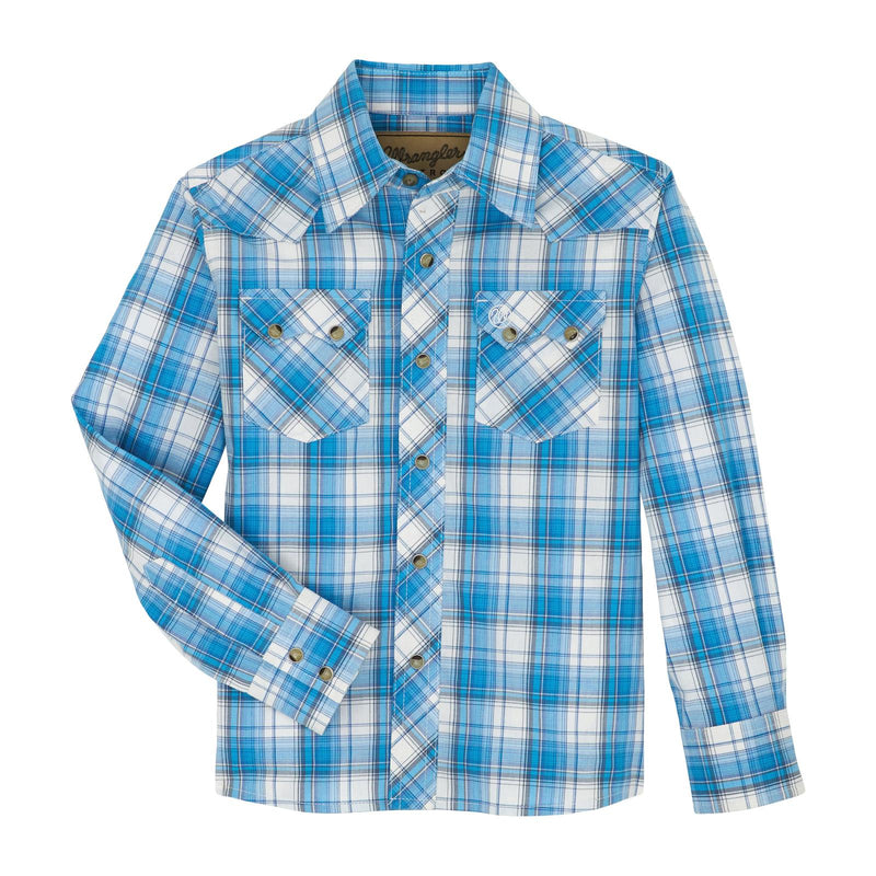 Boy's Wrangler 112359600 Retro Blue Plaid Western Snap Long Sleeve Shirt