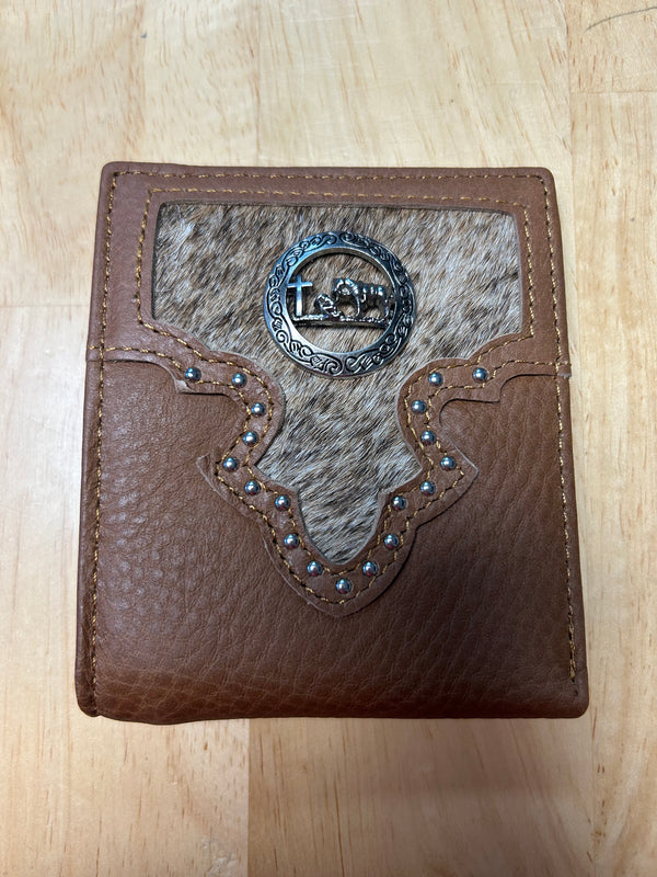 Top Notch Accessories 314BR Brown Leather Bi-Fold Wallet With Praying Cowboy Concho