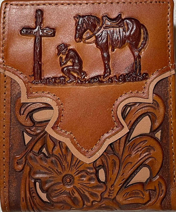 Top Notch Accessories 6121-2L.BR Light Brown Praying Cowboy w/Tan Inlay Bi-Fold Wallet