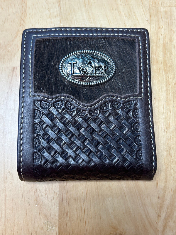 Top Notch Accessories 4002CF Coffee Basket Weave Bi-Fold Wallet With Praying Cowboy Concho