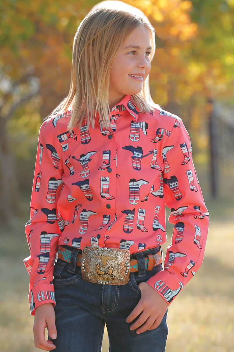 Girl's Cruel CTW3370023 Coral Print Snap Long Sleeve Shirt