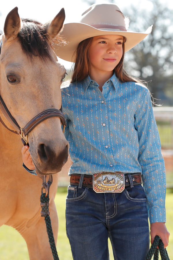 Girl's Cruel CTW8040010 Light Blue Print Snap Long Sleeve Shirt