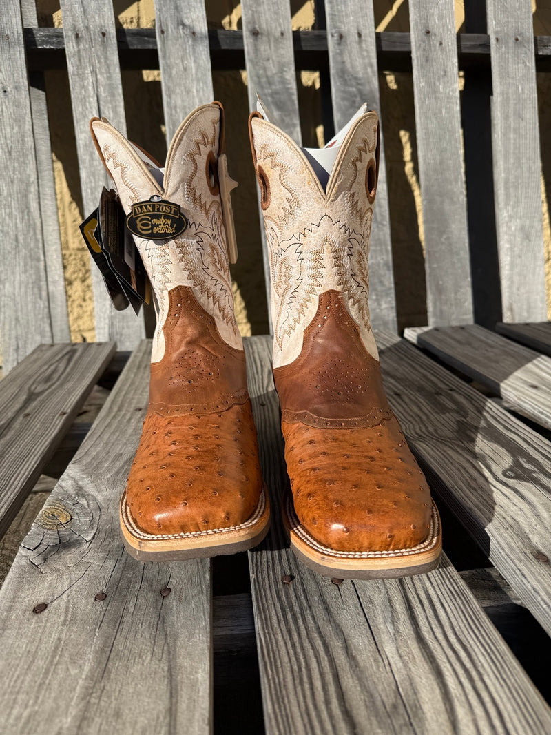 Dan Post DP6059 11" Martel Brown/Bone Full Quill Ostrich Wide Square Toe Boot With Saddle Vamp *Closeout*