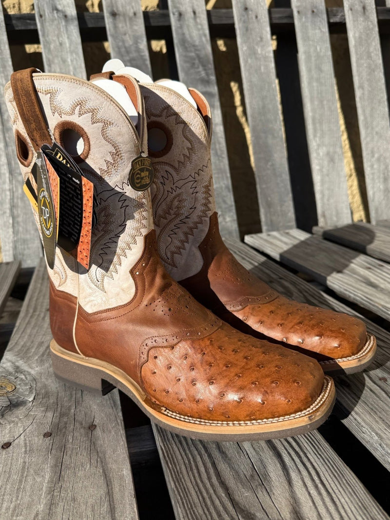 Dan Post DP6059 11" Martel Brown/Bone Full Quill Ostrich Wide Square Toe Boot With Saddle Vamp *Closeout*