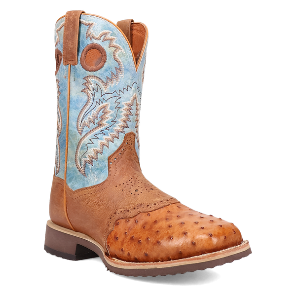 Dan Post DP6060 11" Martel Brown/Blue Full Quill Ostrich Wide Square Toe Boot With Saddle Vamp *Closeout*