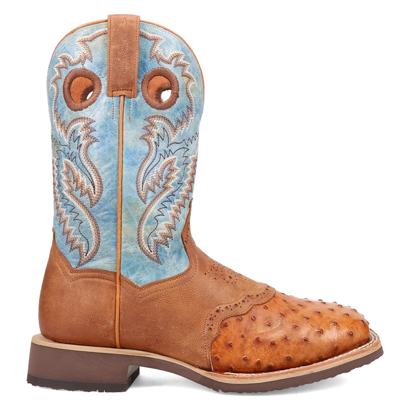 Dan Post DP6060 11" Martel Brown/Blue Full Quill Ostrich Wide Square Toe Boot With Saddle Vamp *Closeout*