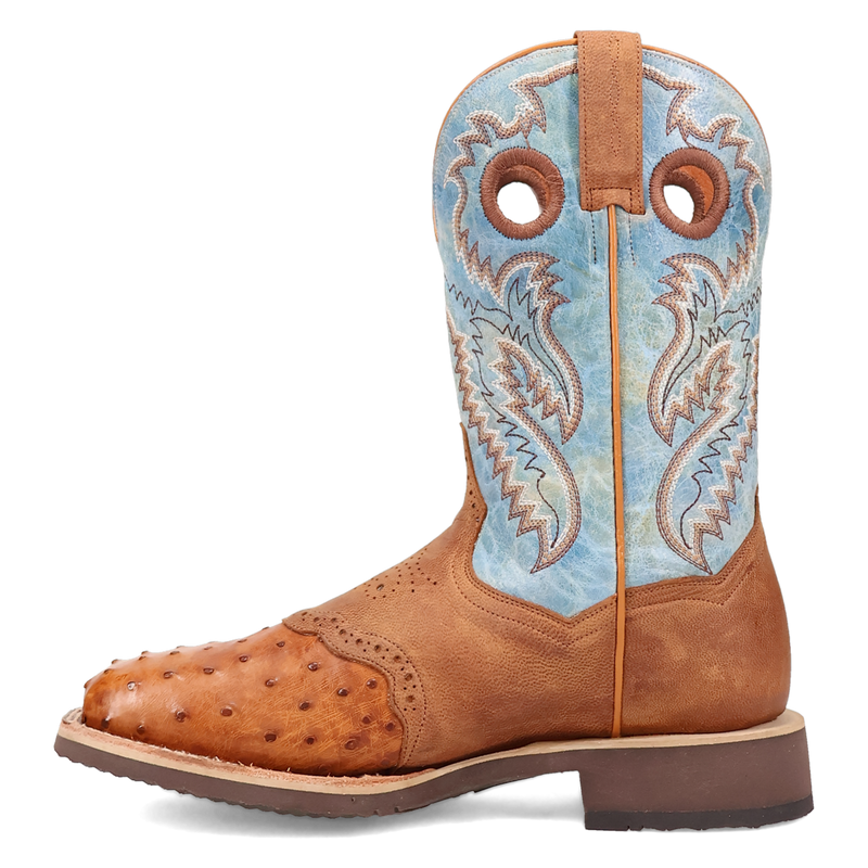 Dan Post DP6060 11" Martel Brown/Blue Full Quill Ostrich Wide Square Toe Boot With Saddle Vamp *Closeout*