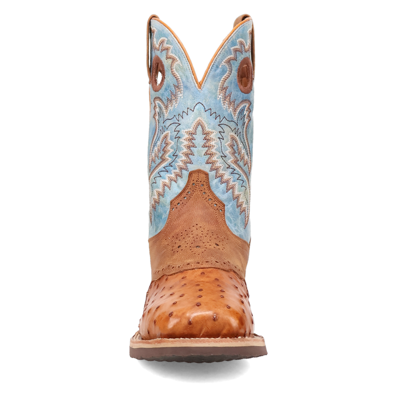 Dan Post DP6060 11" Martel Brown/Blue Full Quill Ostrich Wide Square Toe Boot With Saddle Vamp *Closeout*