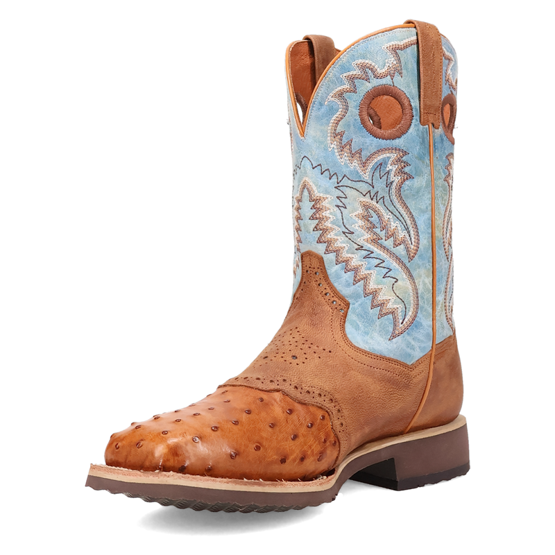 Dan Post DP6060 11" Martel Brown/Blue Full Quill Ostrich Wide Square Toe Boot With Saddle Vamp *Closeout*