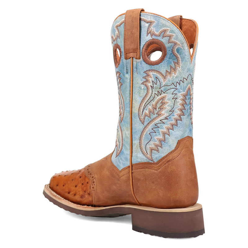 Dan Post DP6060 11" Martel Brown/Blue Full Quill Ostrich Wide Square Toe Boot With Saddle Vamp *Closeout*