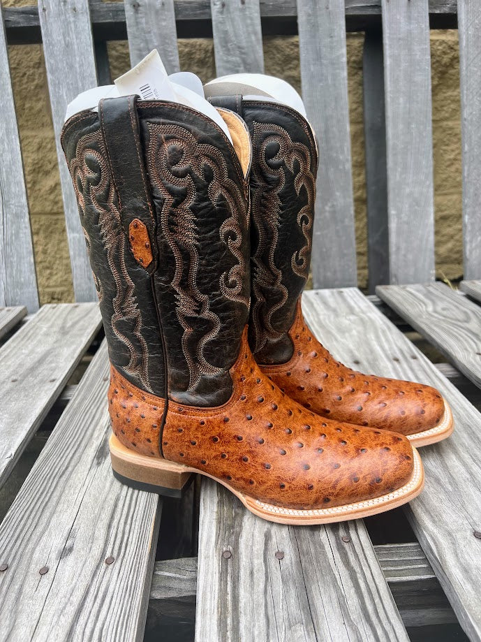 Cowtown Q6064 13" Cognac Full Quill Ostrich Print Square Toe Boot