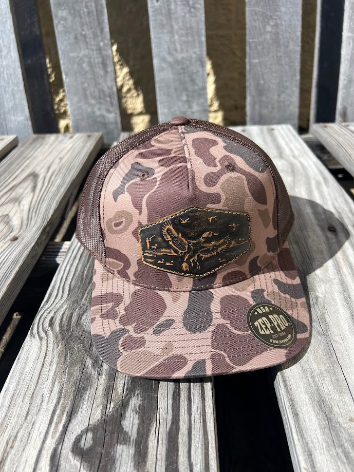 Old School Brown Camo Leather Mallard Patch Richardson 112 Cap