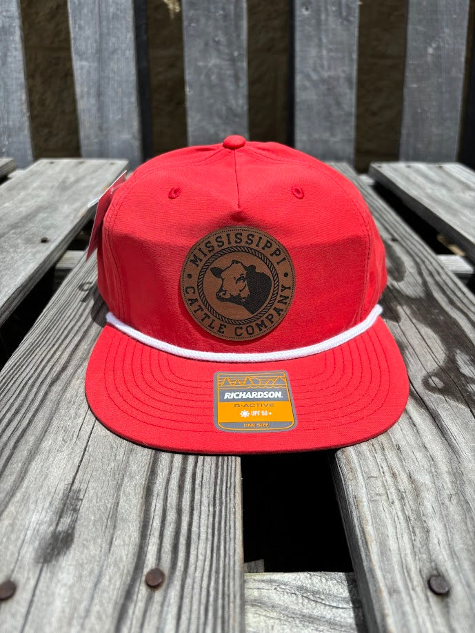 Mississippi Cattle Co Caramel Leather Logo Patch Richardson 256 5 Panel Nylon Grandpa Snap Back Red/White