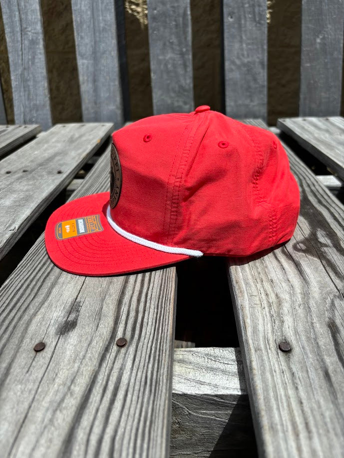 Mississippi Cattle Co Caramel Leather Logo Patch Richardson 256 5 Panel Nylon Grandpa Snap Back Red/White