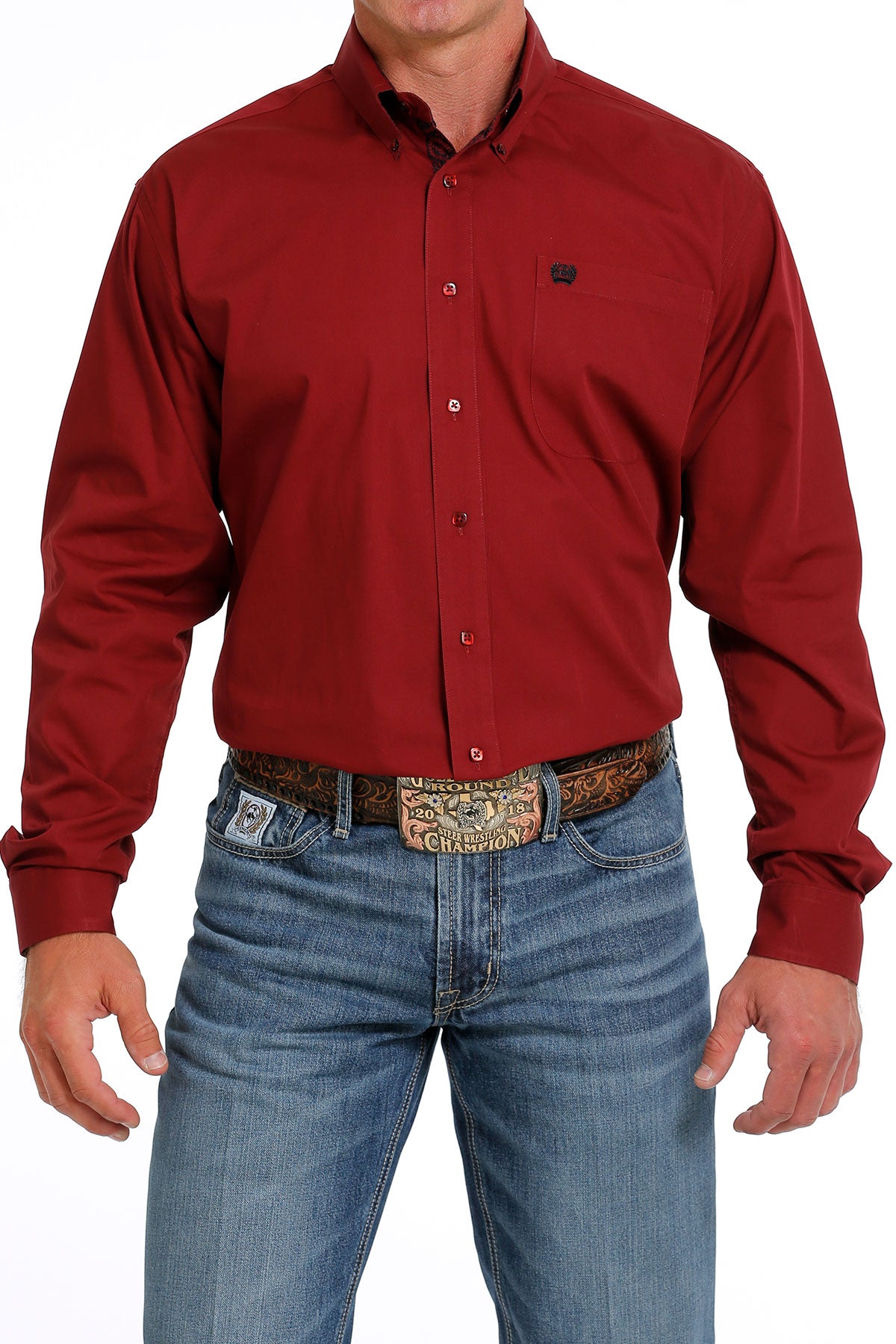 Men's Cinch MTW1105625 Red Classic Fit Solid Button Down Long Sleeve S