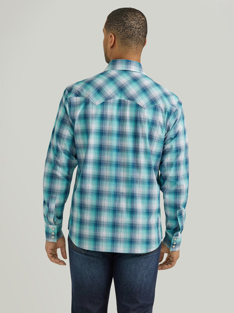 Men's Wrangler 112351878 Retro Long Sleeve Aqua Plaid Pearl Snap Shirt *CLOSEOUT*