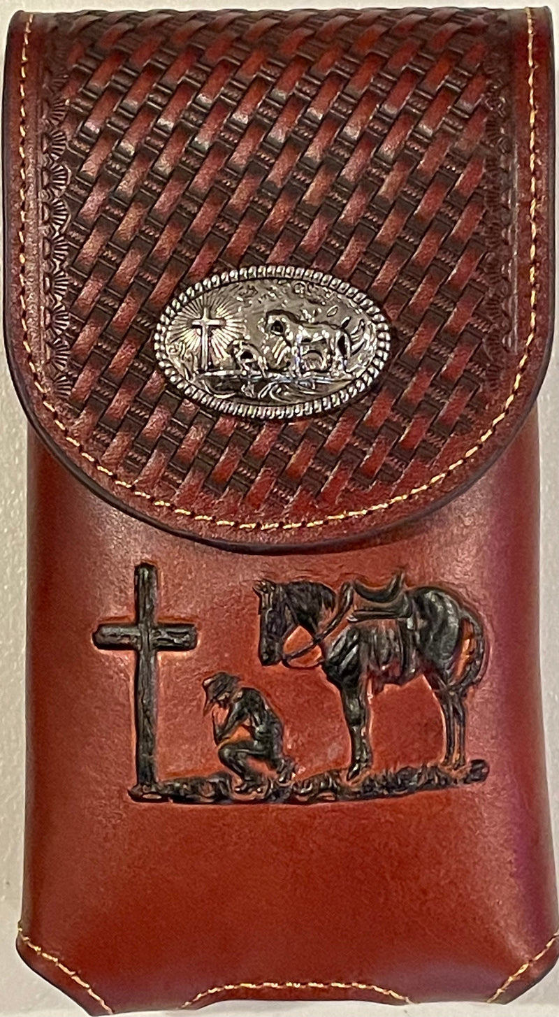 Top Notch Accessories 8001BR Brown Basketweave Leather Vertical XL Phonecase w/Praying Cowboy Concho