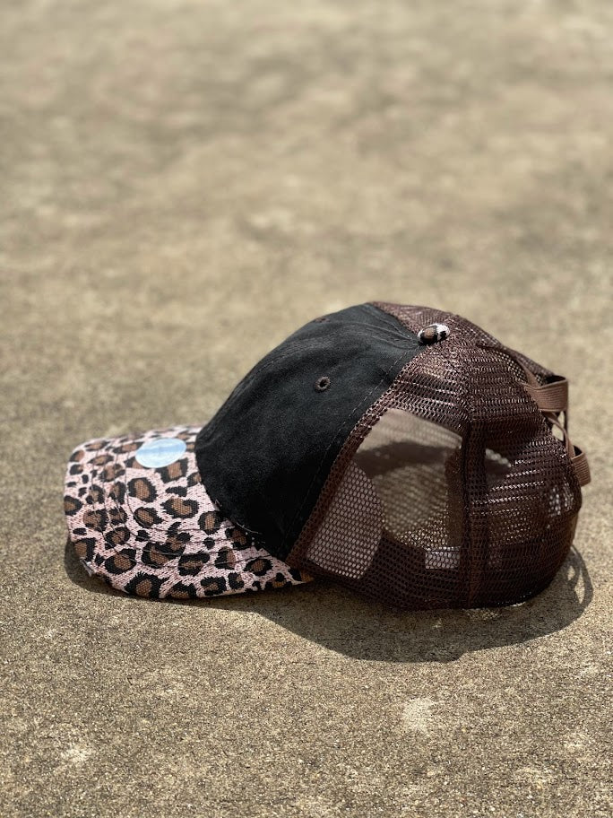 Crisscross Ponytail Brown Leopard Bill 021 Cap