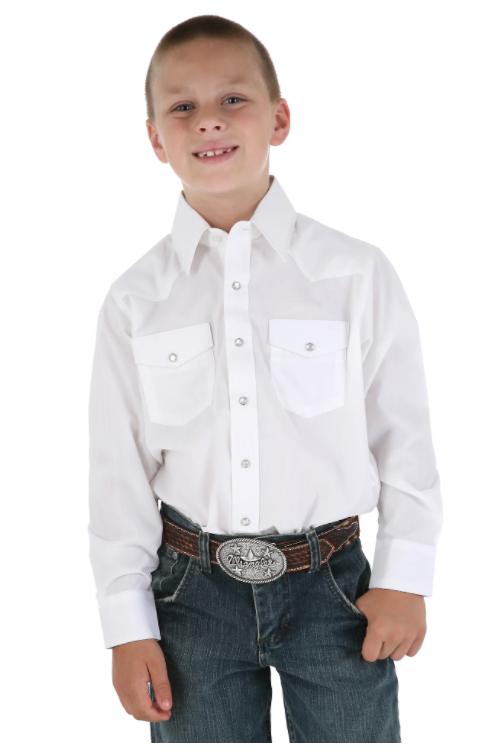 Boy's Wrangler 204WHSL White Pearl Snap Long Sleeve Shirt