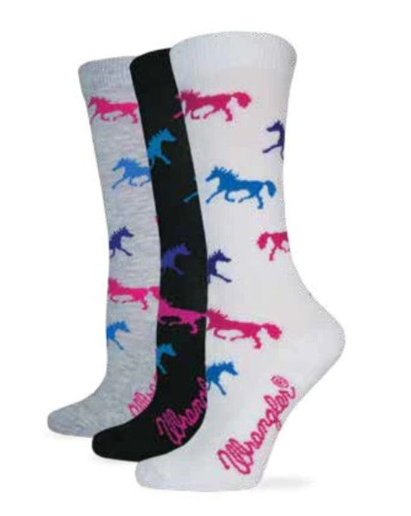 Wrangler 9406 Black, Grey, or White  Ladies Horse Pattern Crew Socks 1 Pair Medium