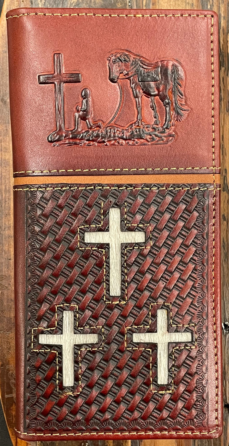 Top Notch Accessories 6078BR Brown Embossed Praying Cowboy w/ 3 Hairon Crosses Wallet